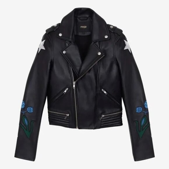 NWT Maje black leather patch embroidered “Dream Tomorrow” moto biker jacket, S - Picture 7 of 15